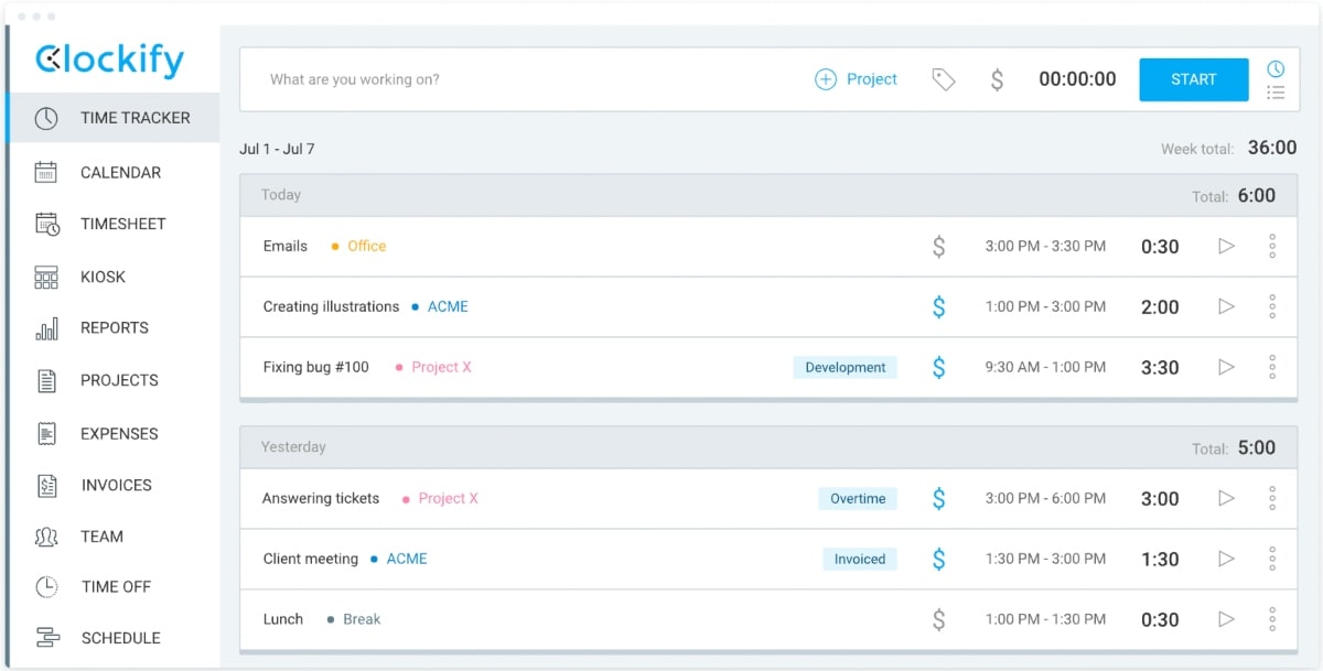 Clockify dashboard