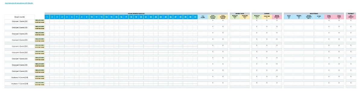 Monthly Payroll Template with overtime and PTO