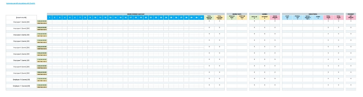 Monthly Payroll Template with overtime