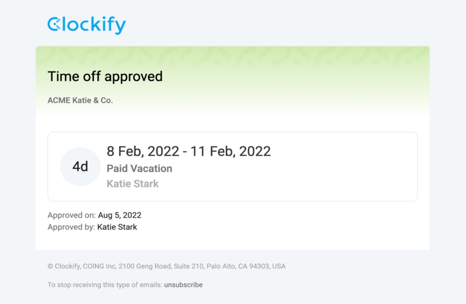 Time off approved email