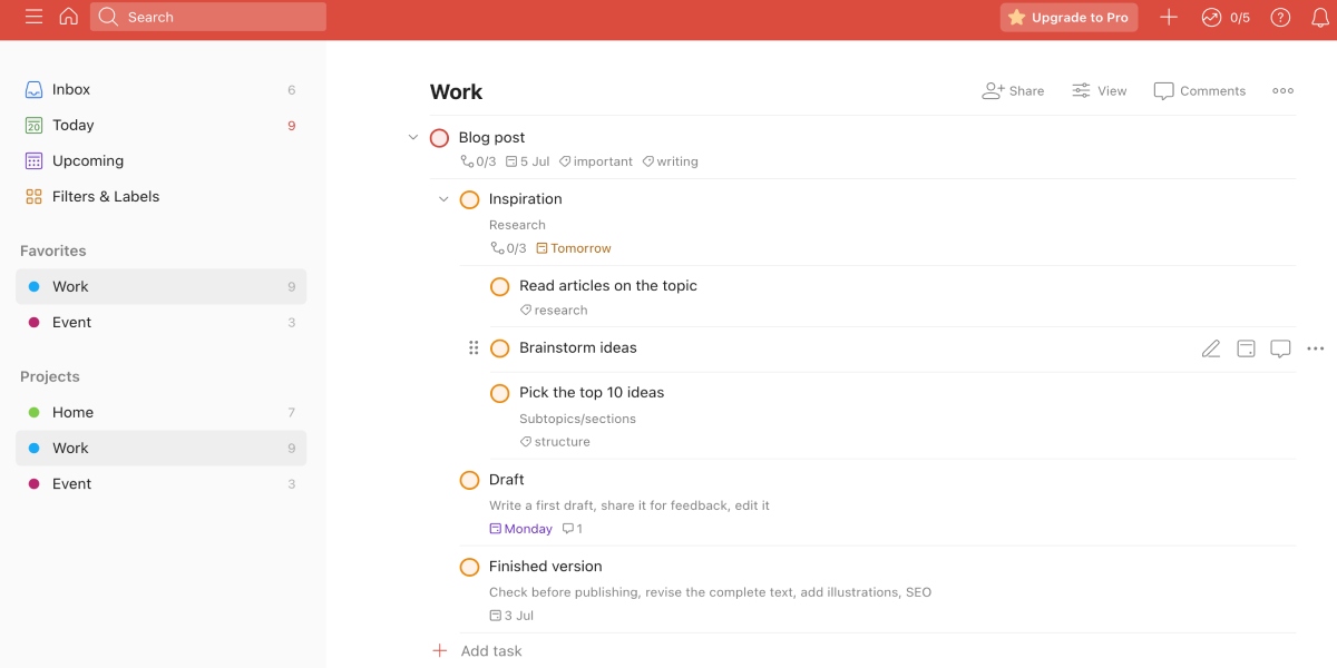 Sorting tasks in Todoist