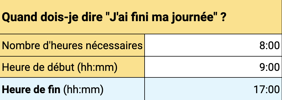 Calculateur de la journée de travail de 8h