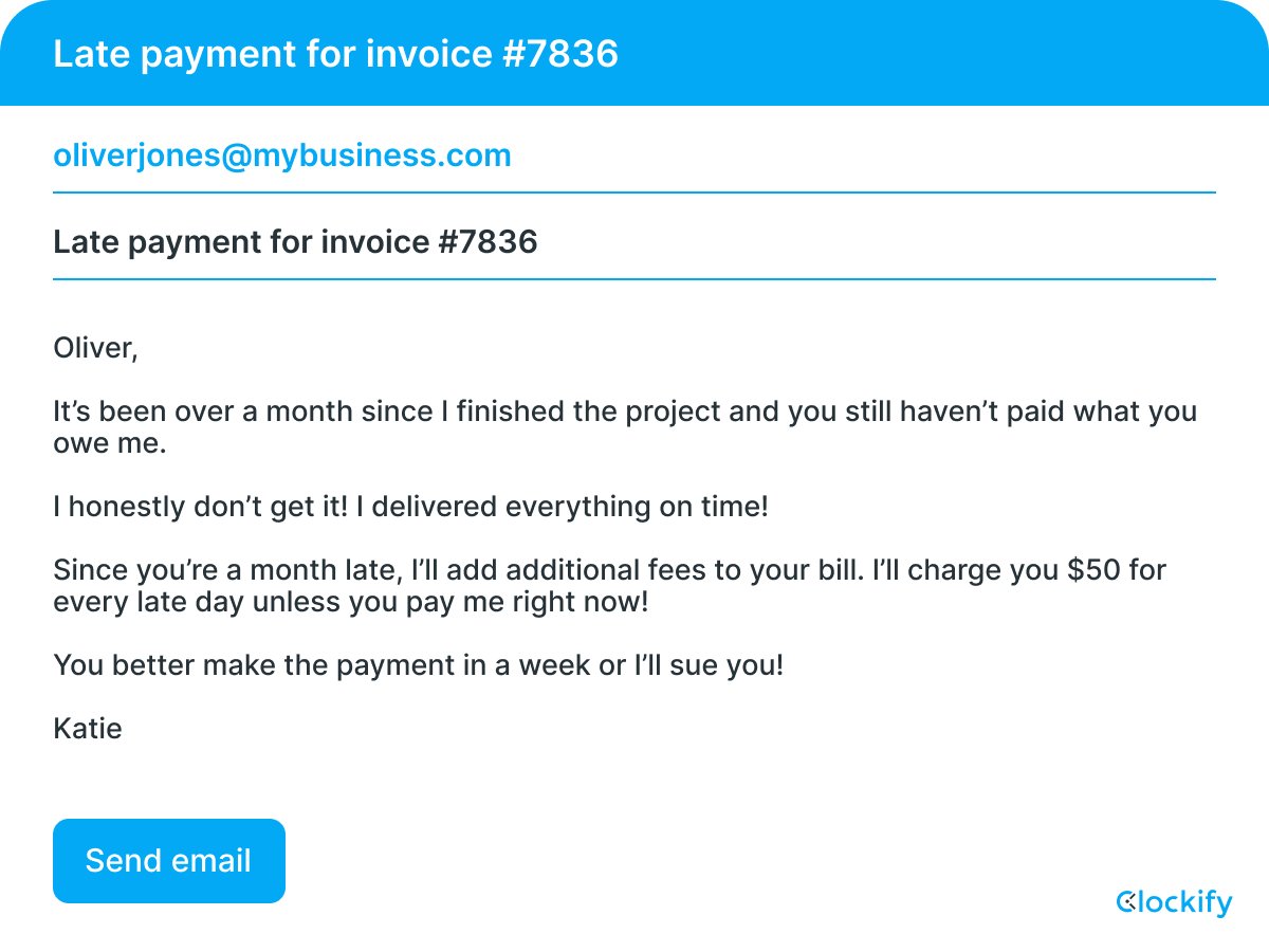 A threatening payment request email reminder