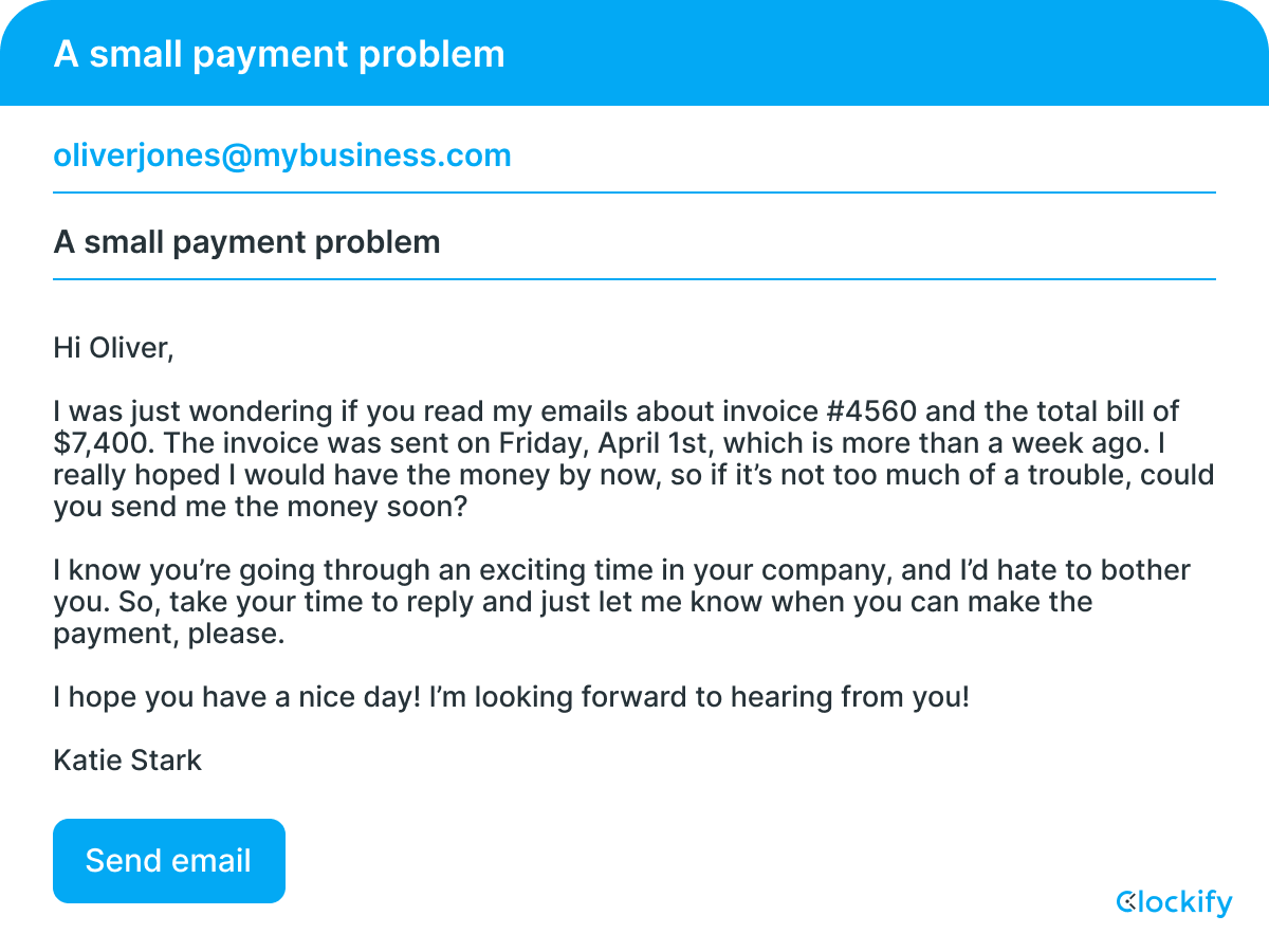 An overly personal payment request email reminder