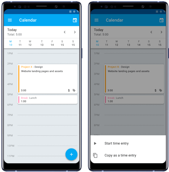 Control del tiempo para Android: captura de pantalla de calendario