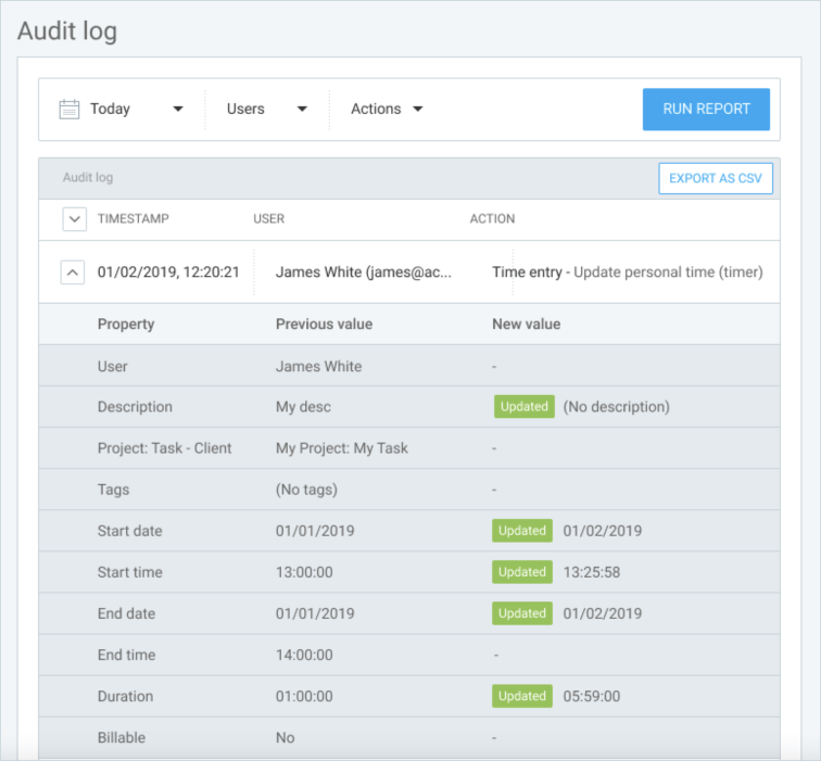 Audit log of time entry changes.