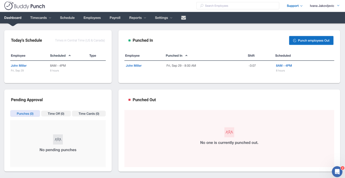 Buddy Punch dashboard