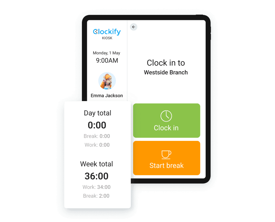 Clock in, Start break in Kiosk