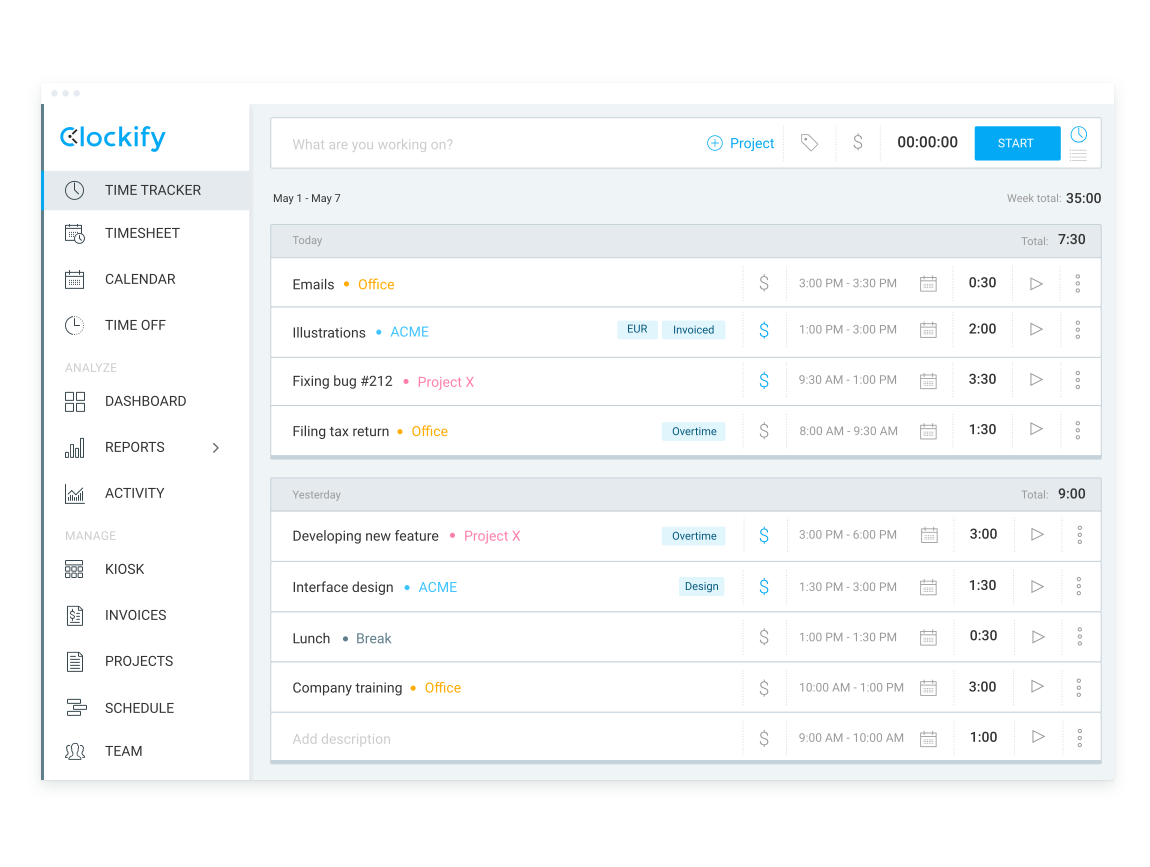 Clockify features