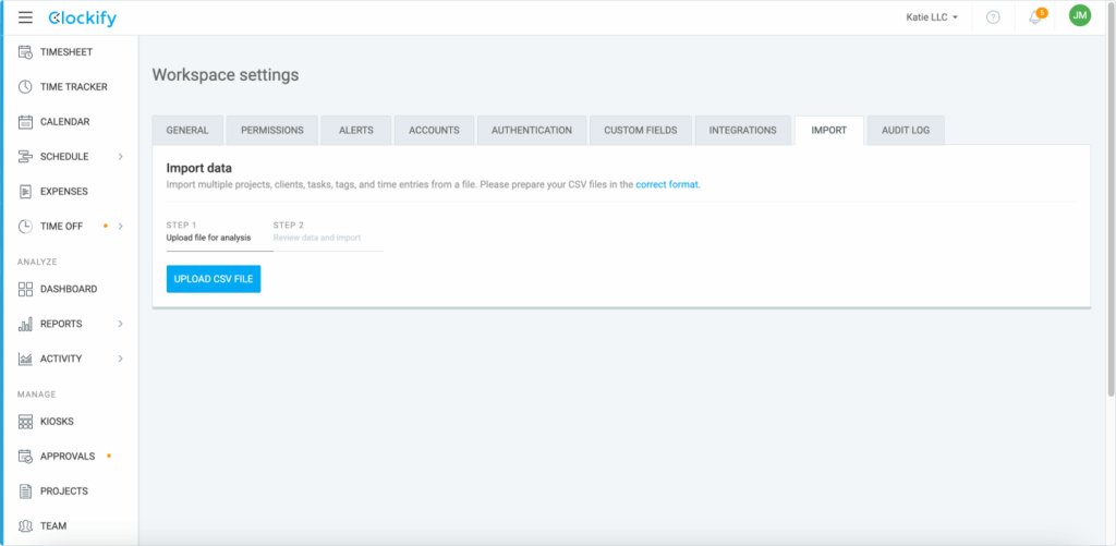 Clockify import tab.
