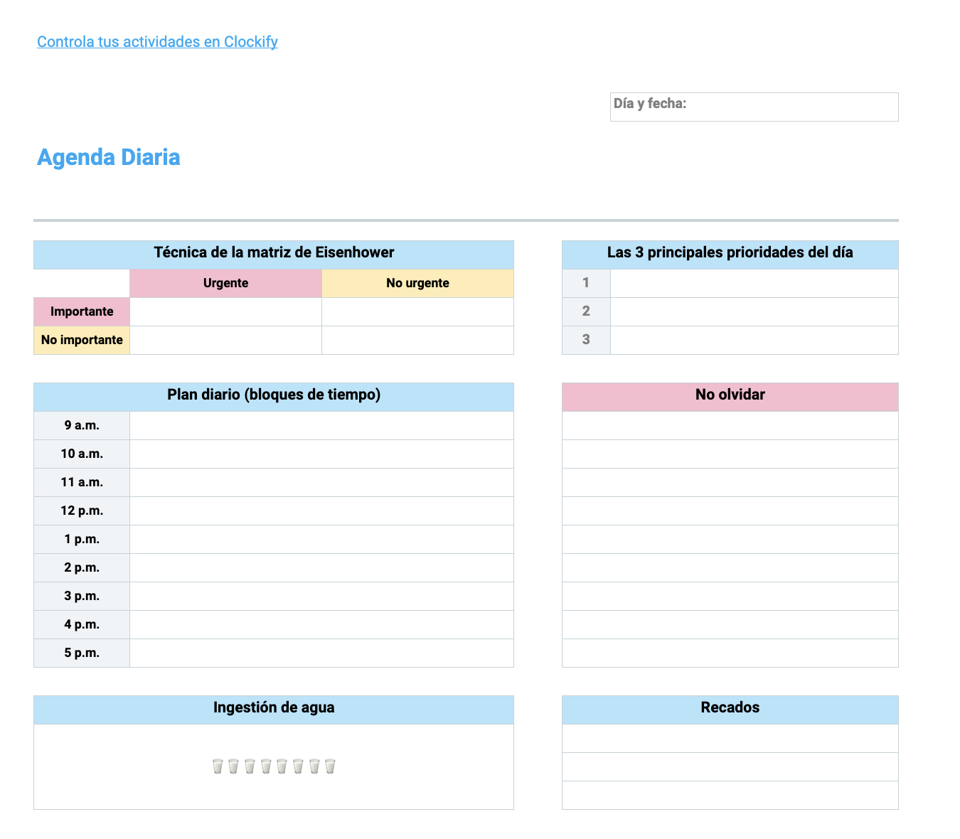 Previsualización de Plantilla de agenda diaria en línea