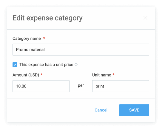 Creating an expense category for the Promo material with a unit price expressed per print.