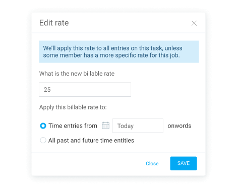 Applying new billable rate to past, present, or future time entries