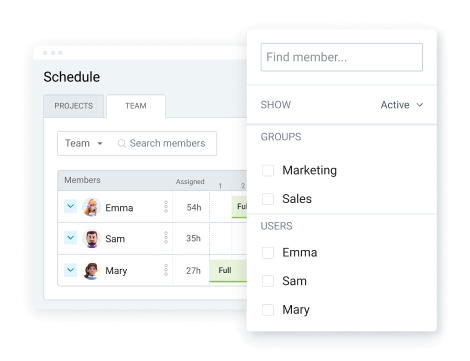 Scheduling feature - filtering members, groups, projects