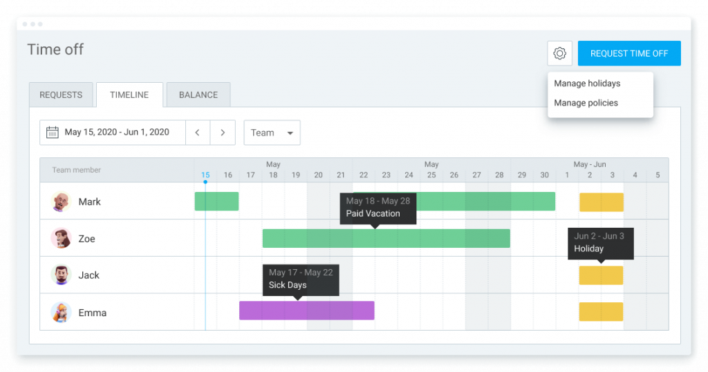 Time off feature with time off policies and holidays.