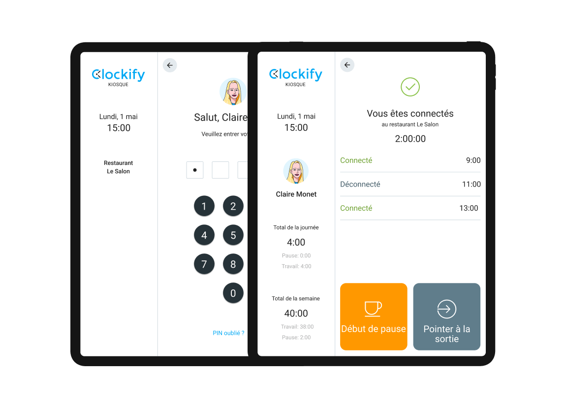 Fonction de la pointeuse kiosk dans Clockify (capture d'écran)