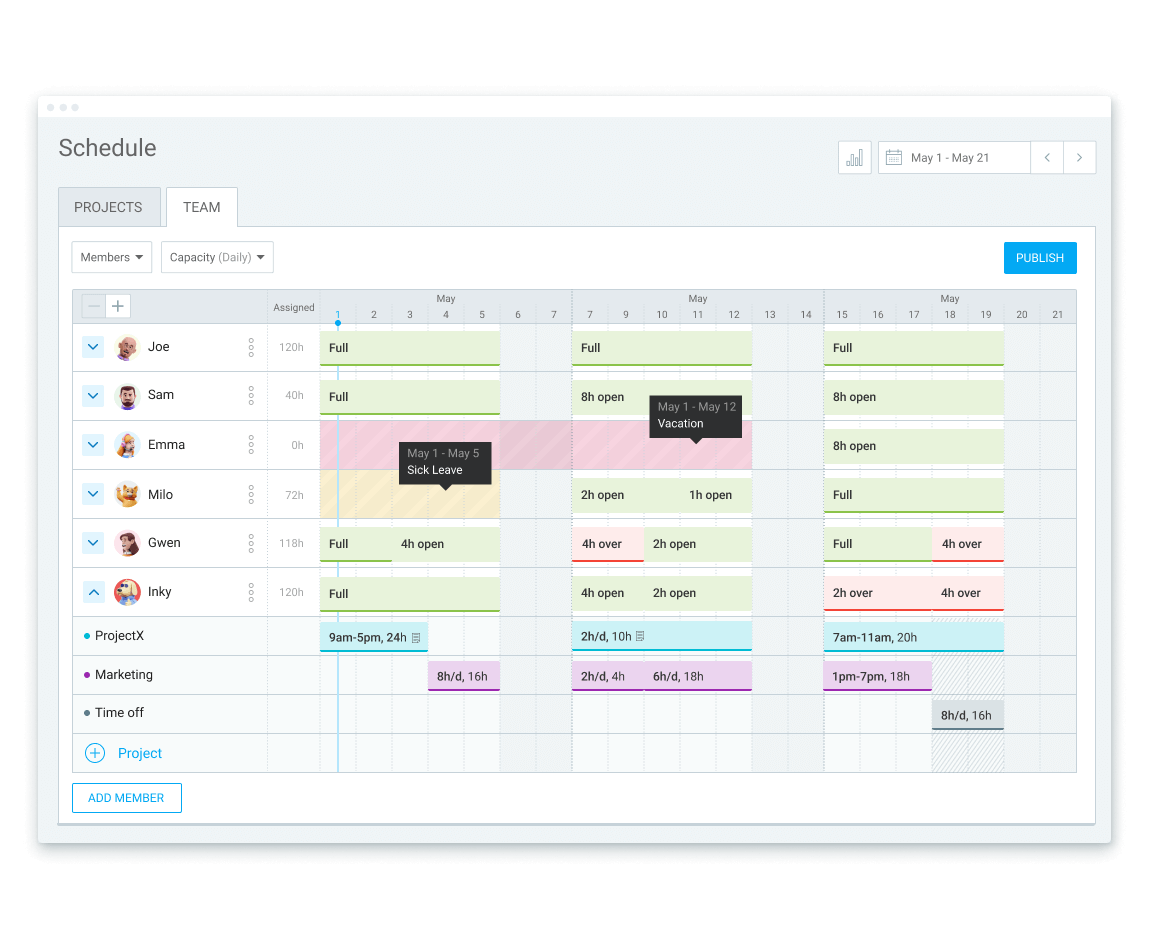 Team scheduling feature in Clockify (screenshot)