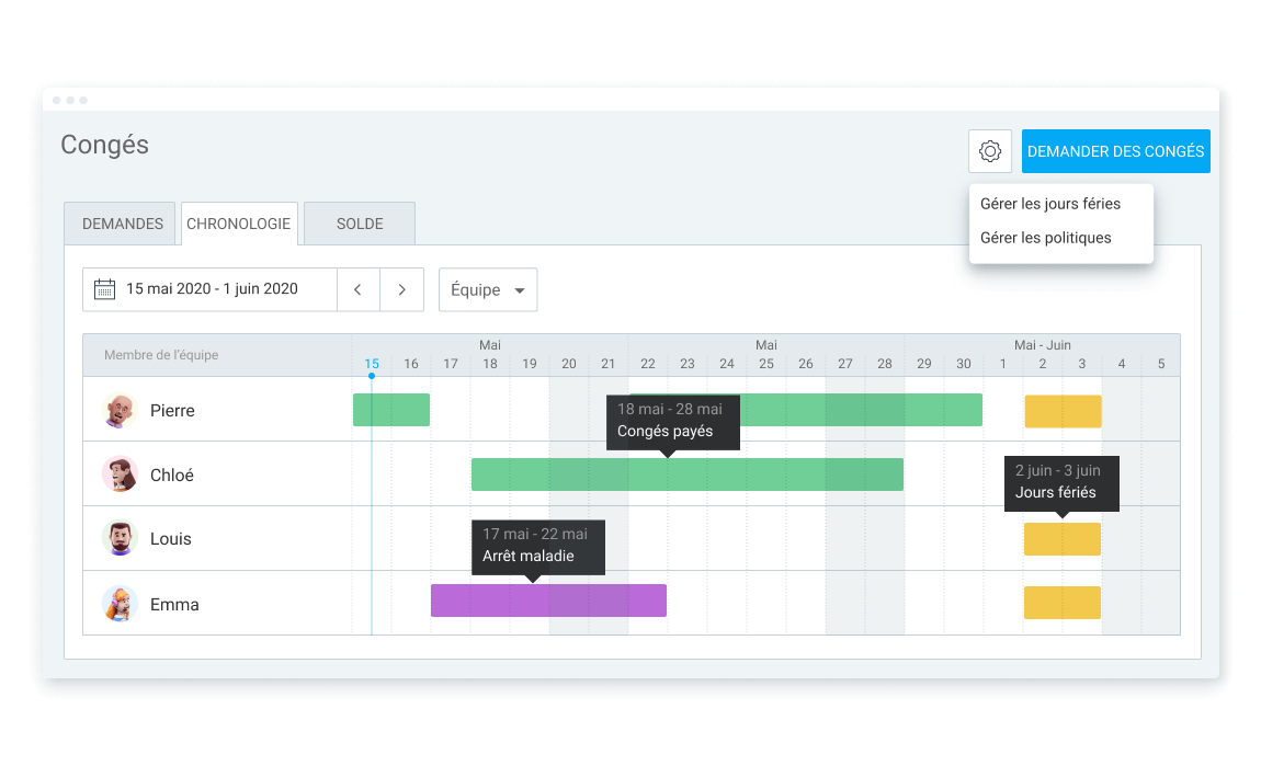 Fonction de congé dans Clockify (capture d'écran)