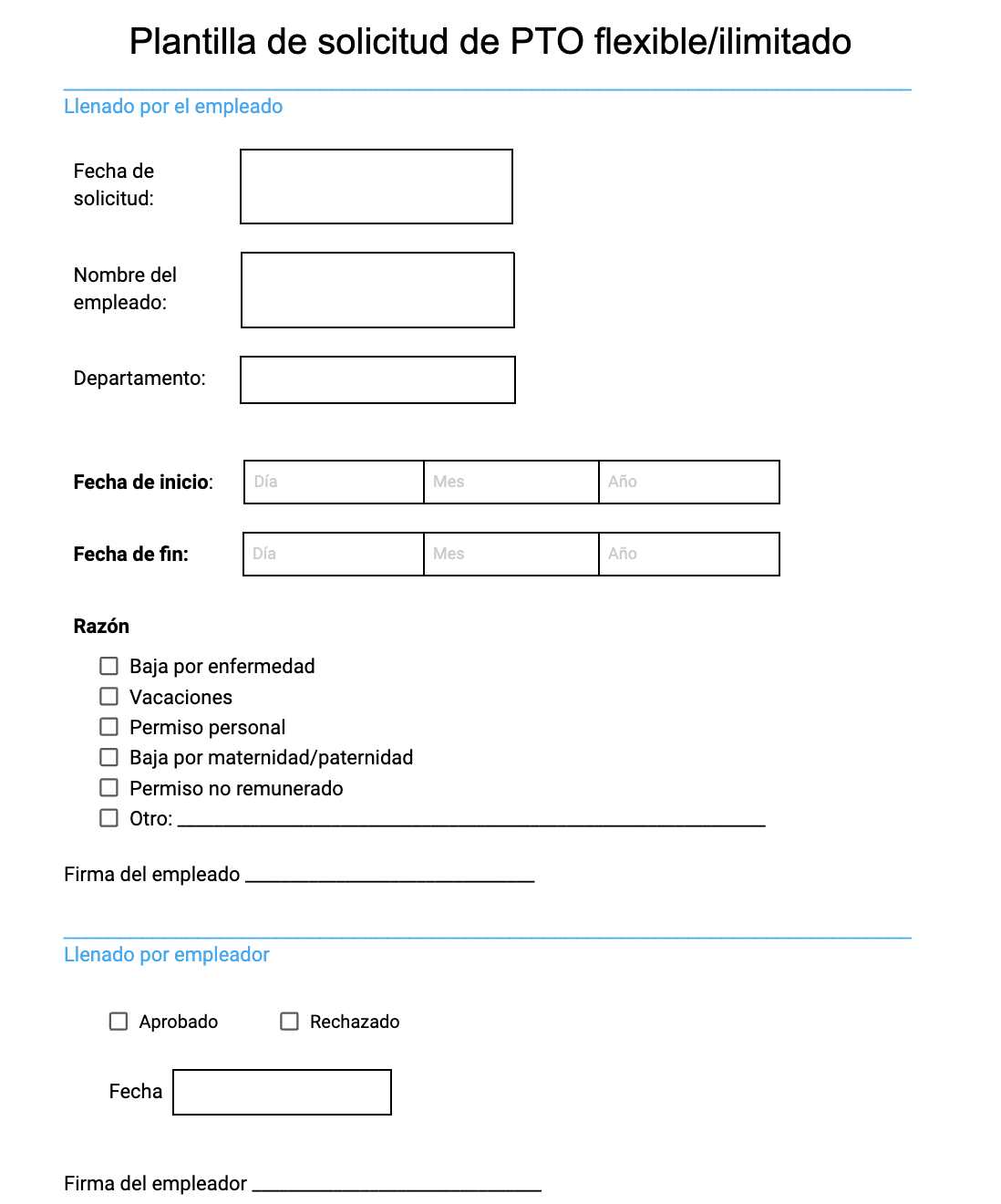 Plantilla de solicitud de PTO flexible/ilimitado