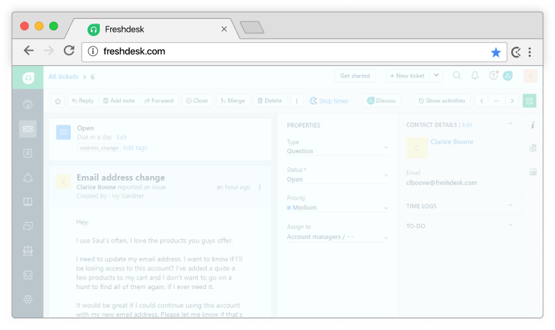 Rastreador de tempo do Freshdesk - o cronômetro aparece nos tickets do Freshdesk