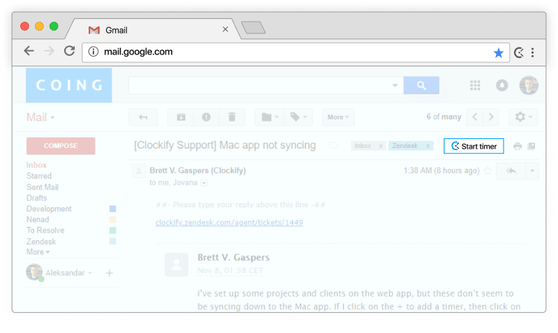 Gmail time tracking - timer appears in Gmail emails
