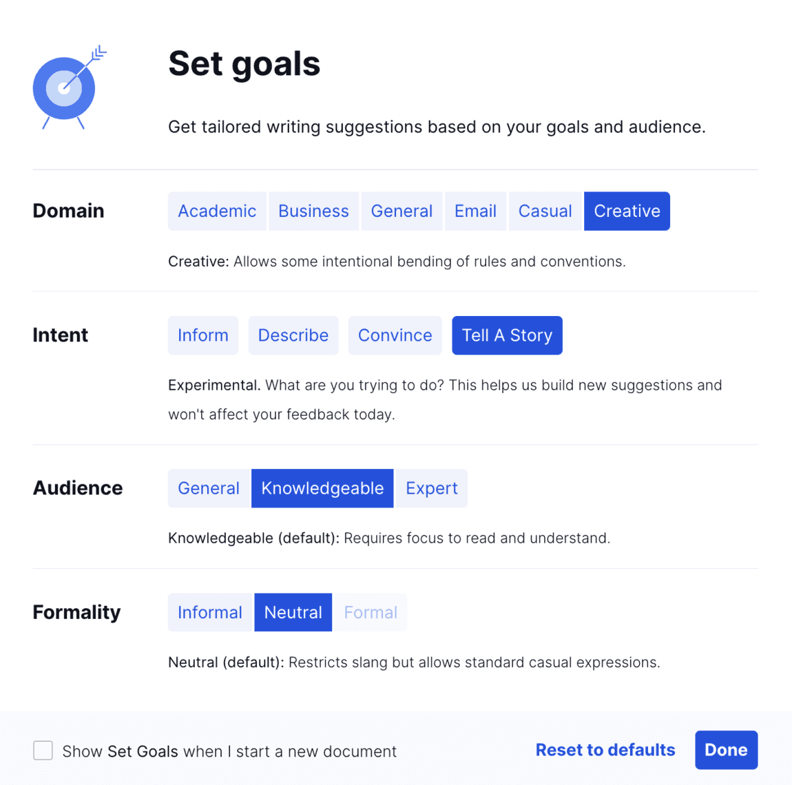 Grammarly Set goals