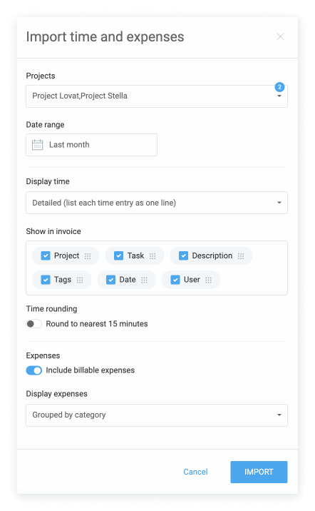 Import billable time and expenses to invoice.