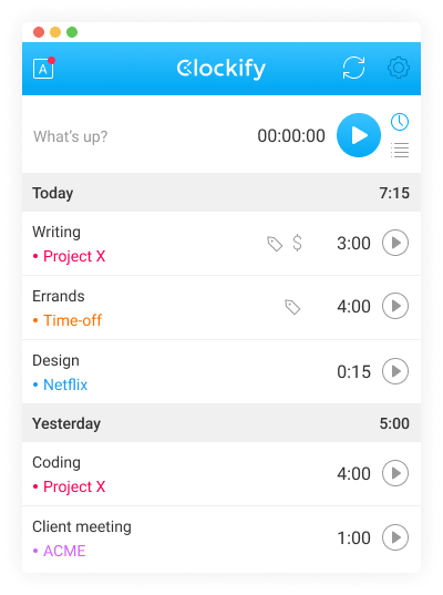 Mac time tracking app screenshot of timer