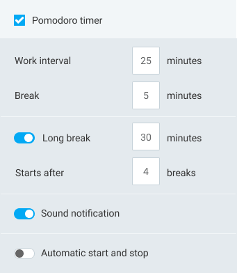 Minuteur Pomodoro - paramètres du minuteur Pomodoro