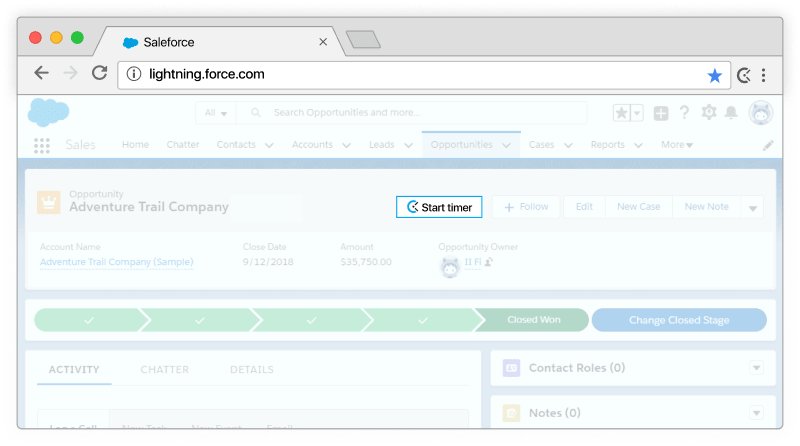 Salesforce time tracking - timer appears on leads and contacts
