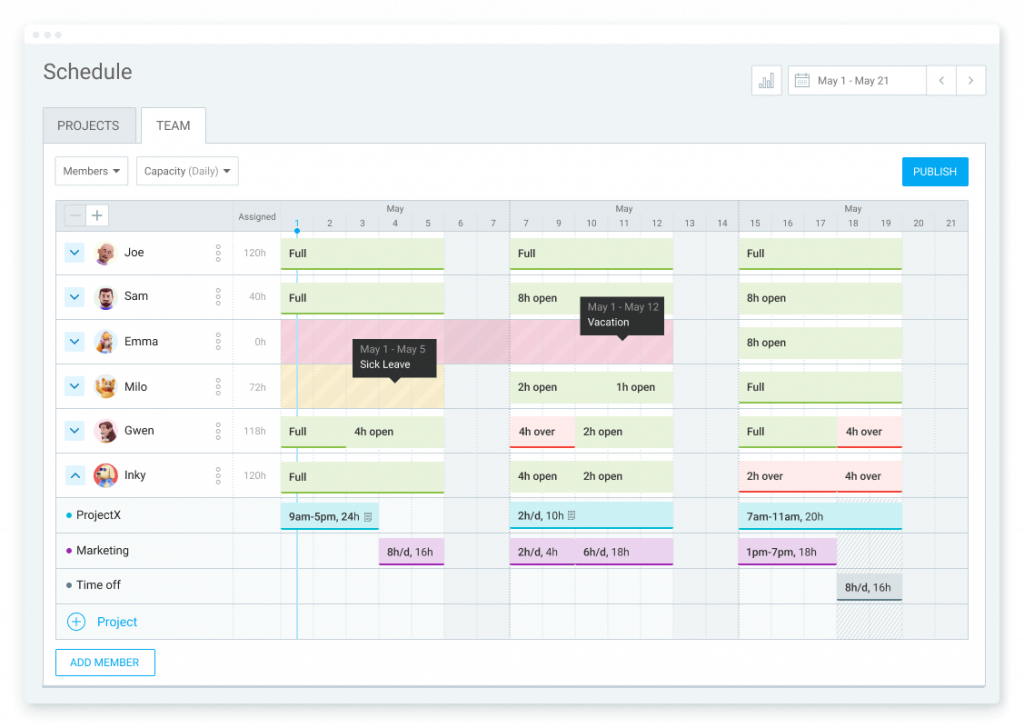 Team scheduling in Clockify.