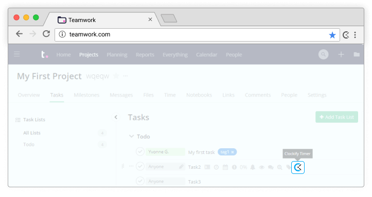 Teamwork time tracking - timer appears in Teamwork tasks