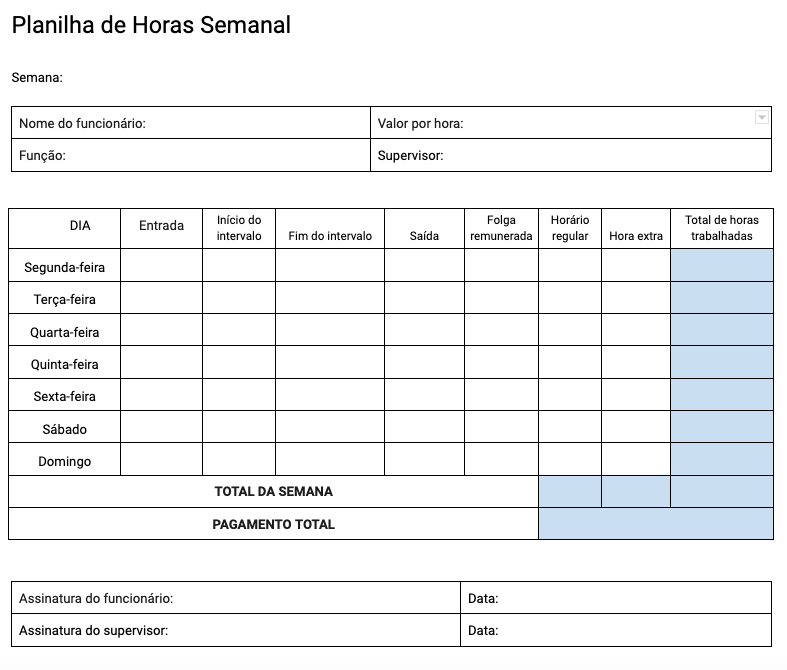 Modelo de planilha de horas semanal