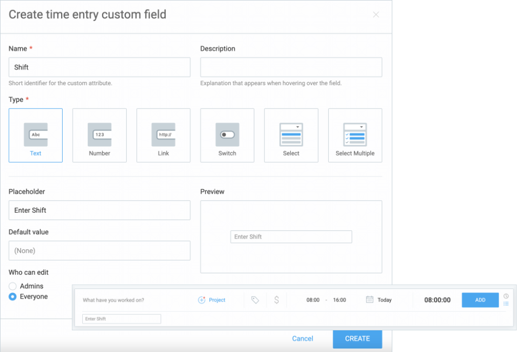 Creating a custom field for time entries in text, number, link, switch, select, or select multiple formats.