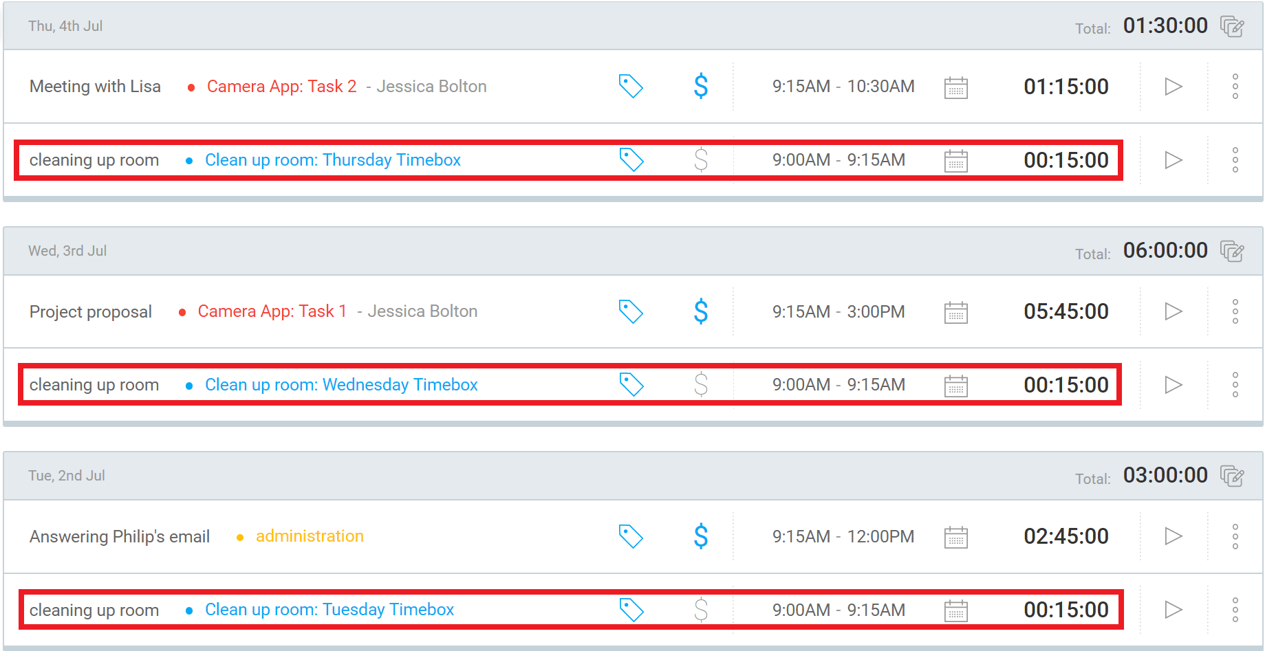 timebox time entries