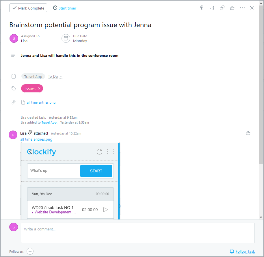 Tracking time in Asana Method 1