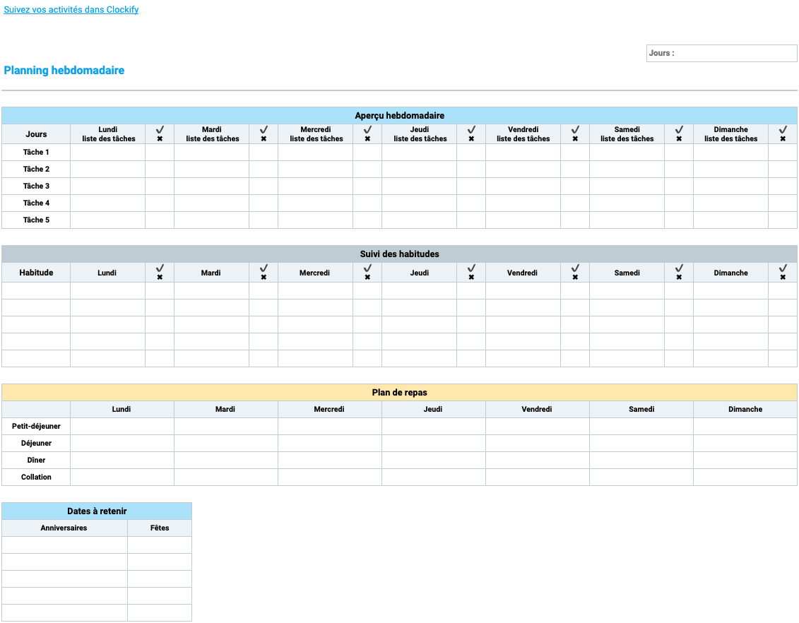 Modèle de planning hebdomadaire en ligne