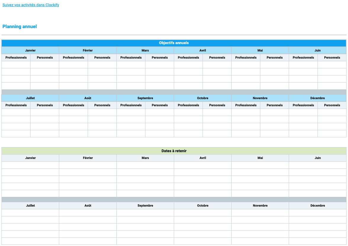 Modèle de planning annuel en ligne